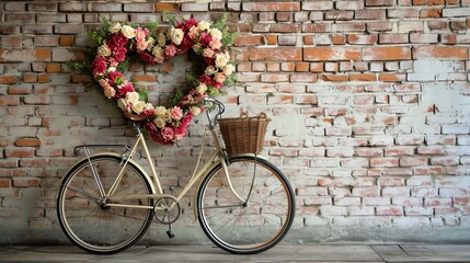 Fototapeta na wymiar decorated bicycle with flowers against brick wall, romantic and valentine's day concept