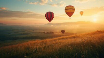 Naklejka premium Colorful hot air balloons flying over mountain