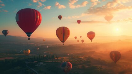 Fototapeta premium Colorful hot air balloons flying over mountain