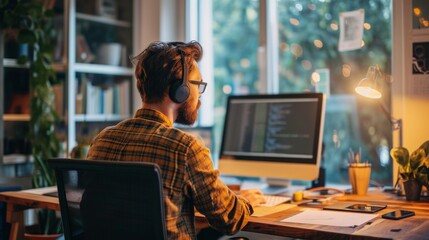 Young male programmer writing program code sitting at the workplace with in the office