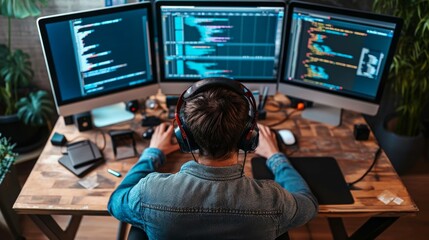 Young male programmer writing program code sitting at the workplace with in the office