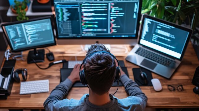 Young male programmer writing program code sitting at the workplace with in the office