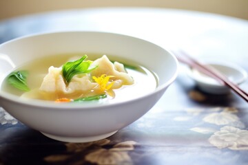 wonton soup with bok choy in a clear broth - obrazy, fototapety, plakaty