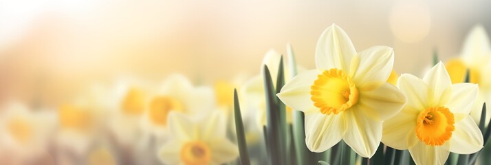 Spring flowers banner, background. Yellow daffodils flowers banner with copy space