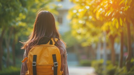 day in high school. schoolgirl with backpack from back. back to school. teen girl ready to study. Banner of school girl student. Schoolgirl pupil portrait with copy space