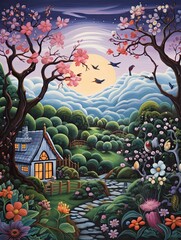 Whimsical Nursery Rhyme Art: Storybook Dusk in Twilight Landscape