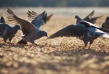A flock of pigeons fighting for a handful of millet slow motion footage - obrazy, fototapety, plakaty