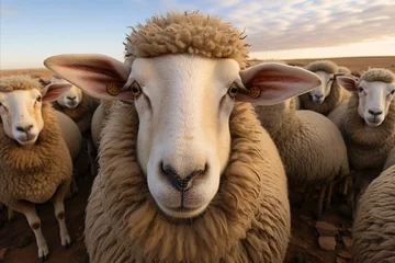 Poster Sheep in the field at sunset, close-up view © anwel