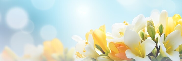 Fototapeta na wymiar Spring flowers banner, background. Freesia flowers banner with copy space