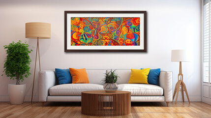 modern living room with sofa sets and colorful abstract image in the center