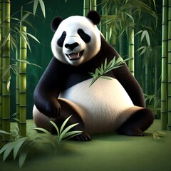 a gentle giant panda, sitting peacefully against a lush bamboo green background