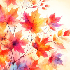 Autumn leaves in watercolor style. Bright shades of red, orange and yellow. The elegance of fall in the interior. AI Generation.