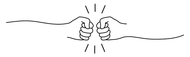 Fist bumping banner hand drawn with single line. Team work, cooperation, friends concept. Png illustration isolated on transparent background - obrazy, fototapety, plakaty