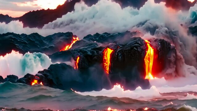 A panoramic vista capturing the Kilauea Volcano overlooking the Pacific Ocean on Big Island, Hawaii, in the United States. cinemagraph where molten lava plunges into the sea.