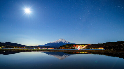 Mt.Fuji with Lake Yamanaka reflection at night, Yamanashi, Japan - 720112442