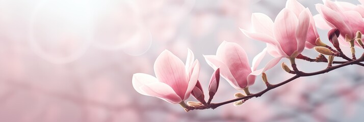 Magnolia flowers banner with copy space. Spring flowers banner, background