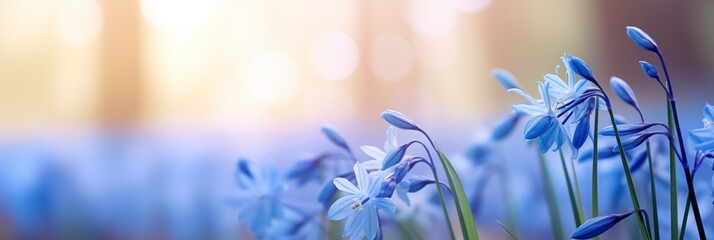 Spring flowers banner, background. Scilla siberica flowers banner with copy space - obrazy, fototapety, plakaty