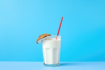 glass of coconut milk with a straw, blue background