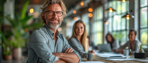Fototapeta premium A diverse man and woman business team at their company office building, generative ai
