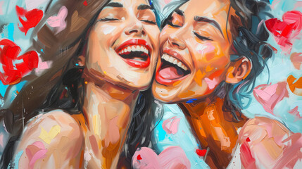  Galentine's Day oil painting illustration of two girlfriends laughing and embracing. Female friendship Valentine's Day illustration with hearts. AI generated