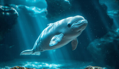 Fototapeta premium A beluga whale swimming in a large aquarium. Generative AI