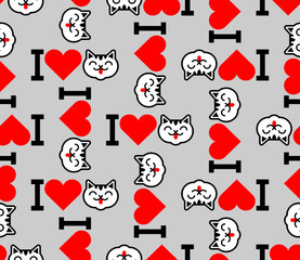 I love cats pattern seamless. Heart and cat background. I like pet texture. Symbol of love for animals ornament - 720113836