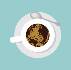 Coffee fortune telling world map. Mug and coffee top view. - 720113854