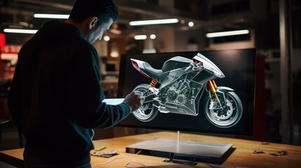 Motorcycle design engineer uses digital tablet hologram app - obrazy, fototapety, plakaty