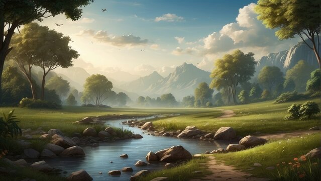 Beautiful nature landscape with mountains and lake - illustration for children. Nature Backgrounds