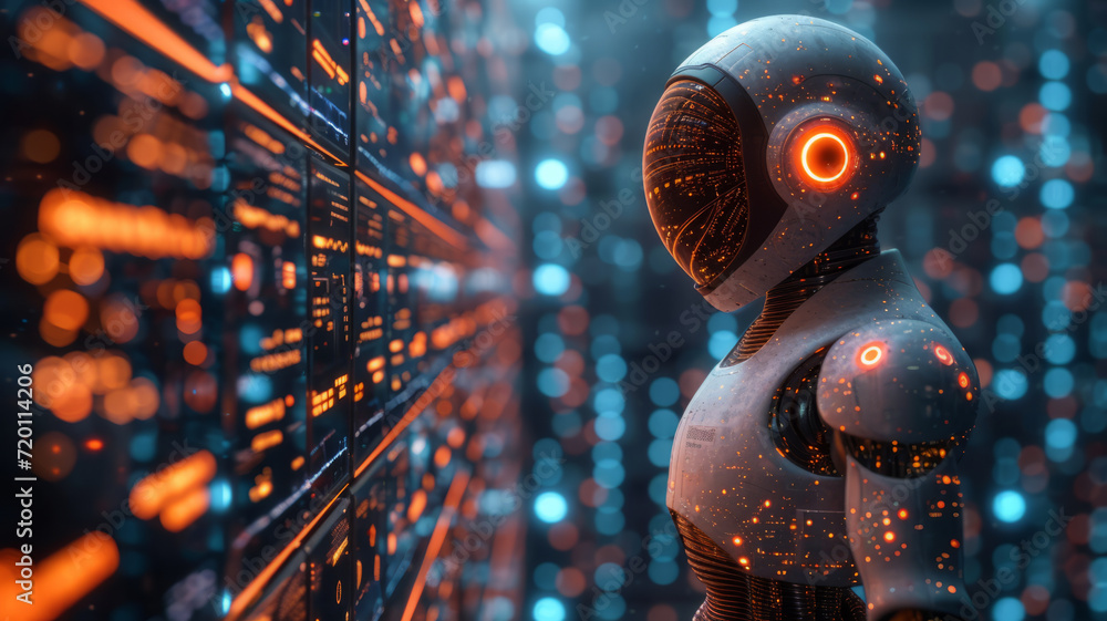 Poster animated chatbot surrounded by floating communication platforms with a blue to black background,gene
