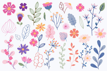 Collection of hand drawn modern flowers on white background.