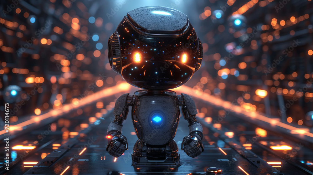 Poster animated chatbot surrounded by floating communication platforms with a blue to black background gene