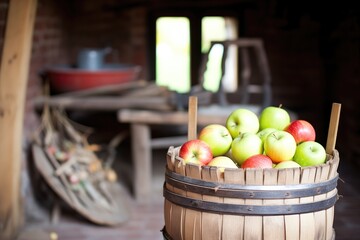 basket of apples beside a cider press