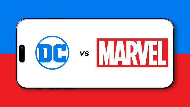 Istanbul, Turkey - 26 January 2024: DC versus Marvel brand logos on a phone screen. Concept of competitiveness on DC vs Marvel. Representation of business rivalries.