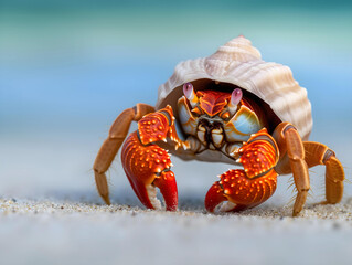 Hermit crab on the sand in the sea, close-up