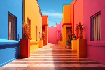 Mediterranean Charm: Vibrant Houses on Colorful Street, Abstract Photography
