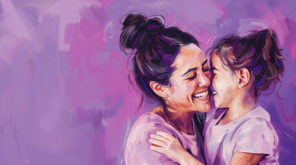 Mother and daughter painted illustration against a purple background. International women's day banner. Mother's Day art.