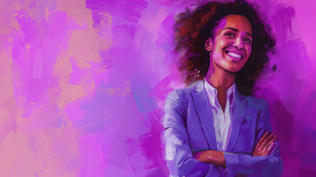 Happy International Women's Day illustration representing diversity in the workplace. Digital painting of a successful black african american businesswoman. Copy space, AI generated
