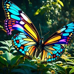 large stunningly beautiful fairy wings Fantasy abstract paint colorful butterfly sits on garden