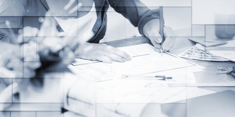 Architect working on plans, light effect, geometric pattern