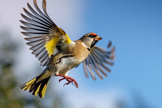 Striking image of a Goldcrest Goldfinch in mid-flight wings outstretched against a backdrop of a clear blue sky showcasing its radiant feathers