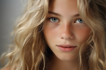 Naklejka premium Portrait of pretty teenage girl with green eyes and blond long hair
