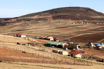 View of mountains of the interior of South Africa and Xhosa village
