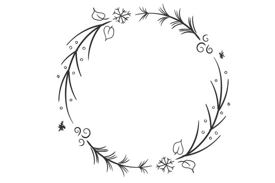 The wreaths are adorned with calligraphy and drawn elements. This is a set of decorative Christmas wreaths with fir branches. Stock royalty free. PNG