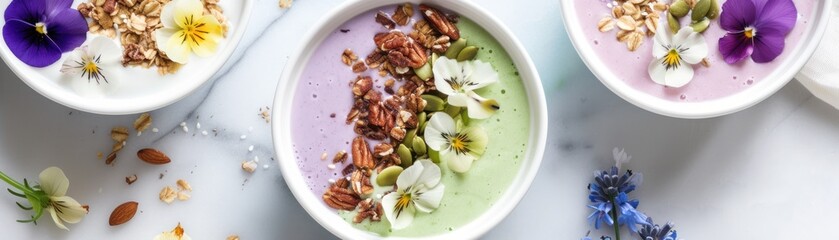 Aesthetic composition of pastel-colored smoothie bowls, garnished with edible flowers, nuts, and seeds, on a marble surface