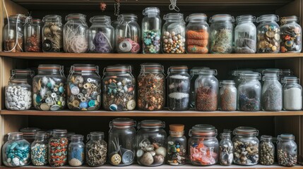 photograph of seven shelves full of glass jars and jars of different sizes filled with threads, buttons, marbles, stones, sand and other objects.   