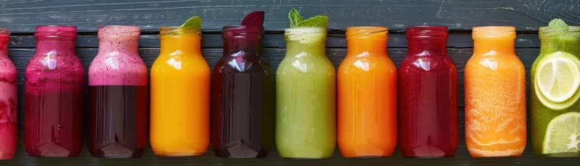 Poster Cold-pressed organic juices in a variety of colors, neatly lined up, with ingredients like beetroot, carrot, and ginger visible © chayantorn