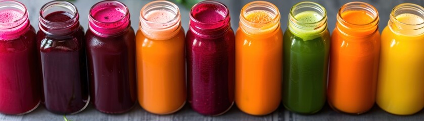 Cold-pressed organic juices in a variety of colors, neatly lined up, with ingredients like beetroot, carrot, and ginger visible