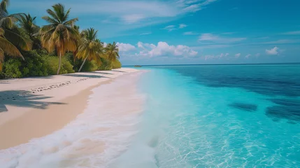 Foto op Canvas Capturing the serene beauty of a pristine beach accentuates the vibrant turquoise and emerald hues of the water against the white sand, evoking a sense of tranquility and serenity. Ocean beach island. © Sweetrose official 