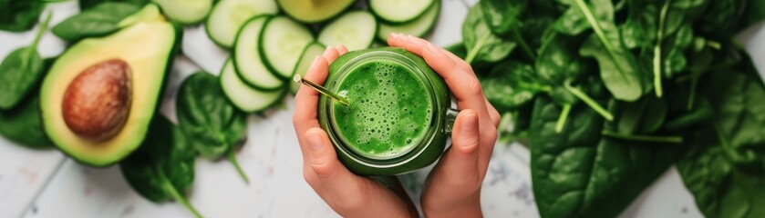 Hand holding a mason jar filled with a vibrant green smoothie, surrounded by fresh spinach, avocado, and cucumber slices